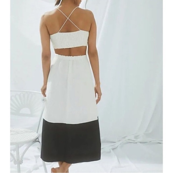 MAEVE ANTHROPOLOGIE COLOR BLOCK LINEN BUTTON FRONT OPEN  BACK MIDI DRESS SMALL - Picture 1 of 13